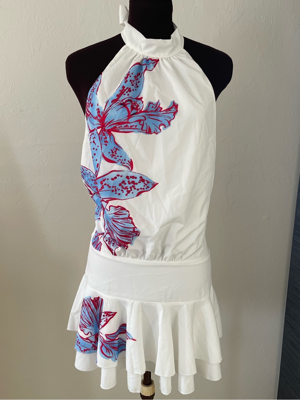 White Blue & Red Floral Halter Drop Waist Ruffle Mini Dress summer resort wear